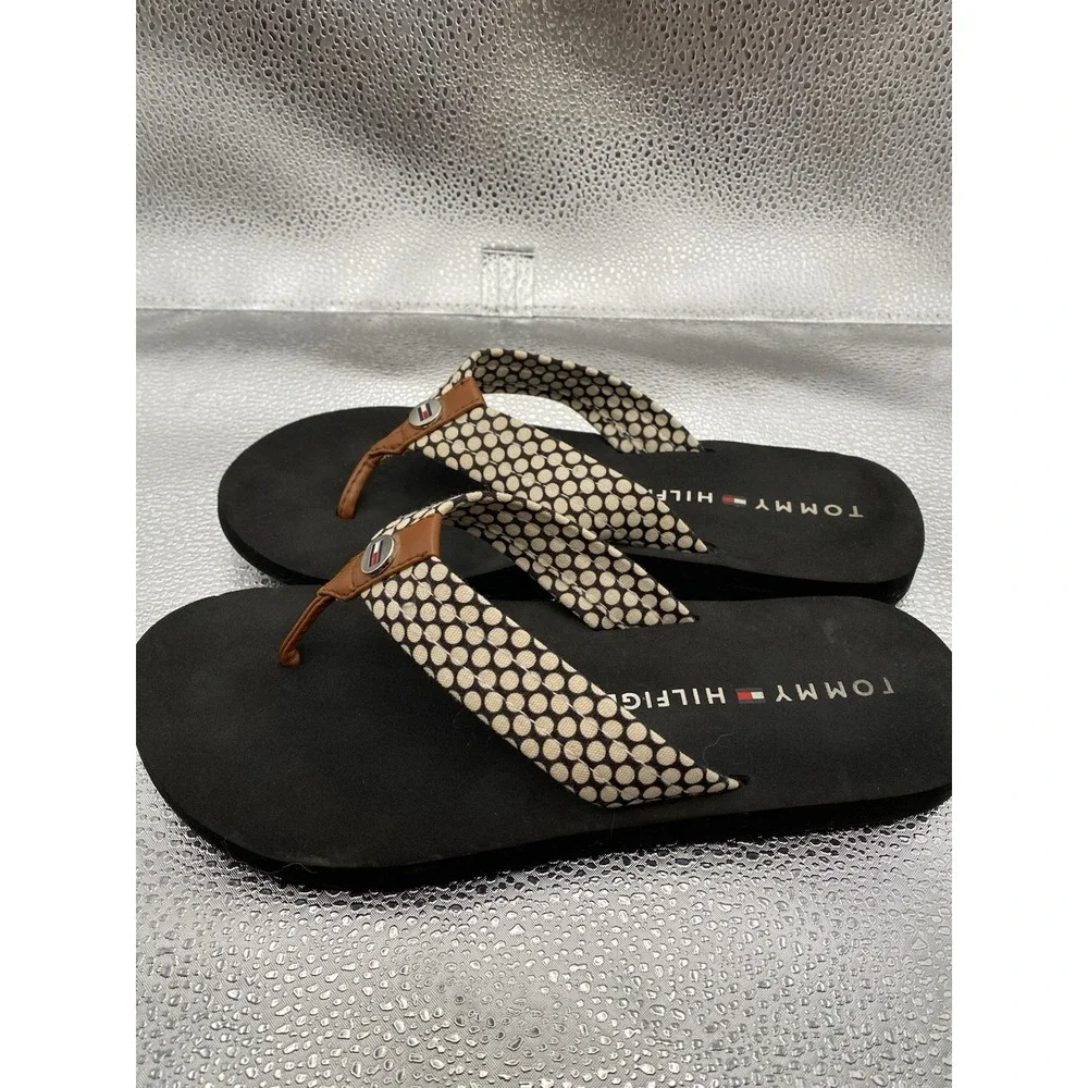Tommy Hilfiger Polka Dot Logo Slip-On Strappy Black Beige Women's Flip Flop San…